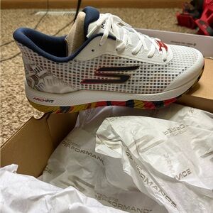 Skechers White and Blue Athletic Shoes